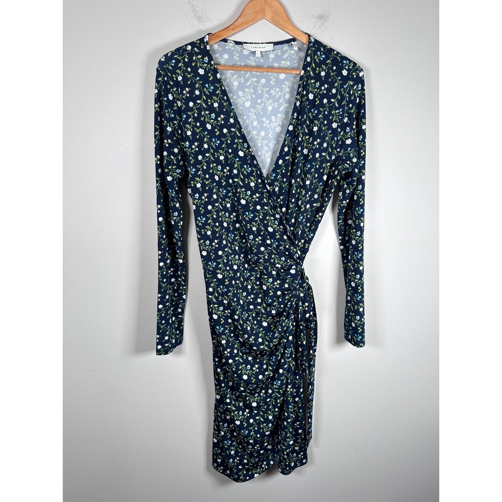 Lark & Ro Wrap Dress Women Large Navy Blue Ditsy Floral Long Sleeve Ruched Midi